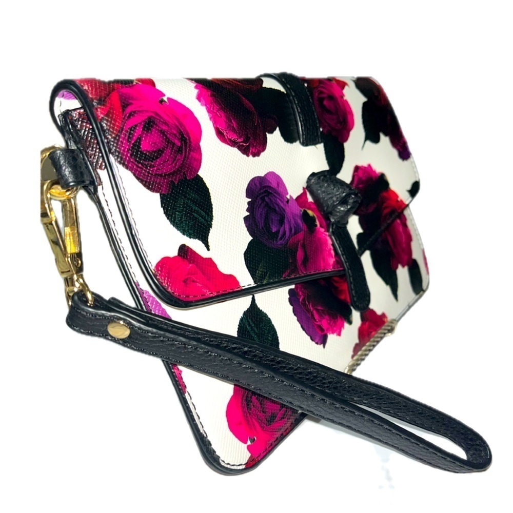 Charming Charlie Floral Rose Clutch Bag Purse Black Pink Purple Magnetic, NWOT